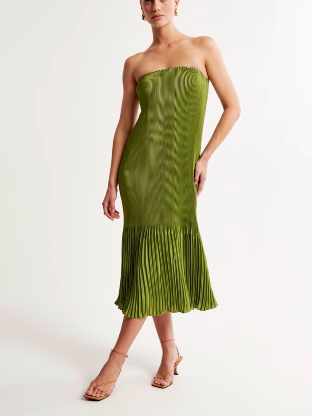 Abercrombie & Fitch Strapless Olive Green Pleated Midi Dress